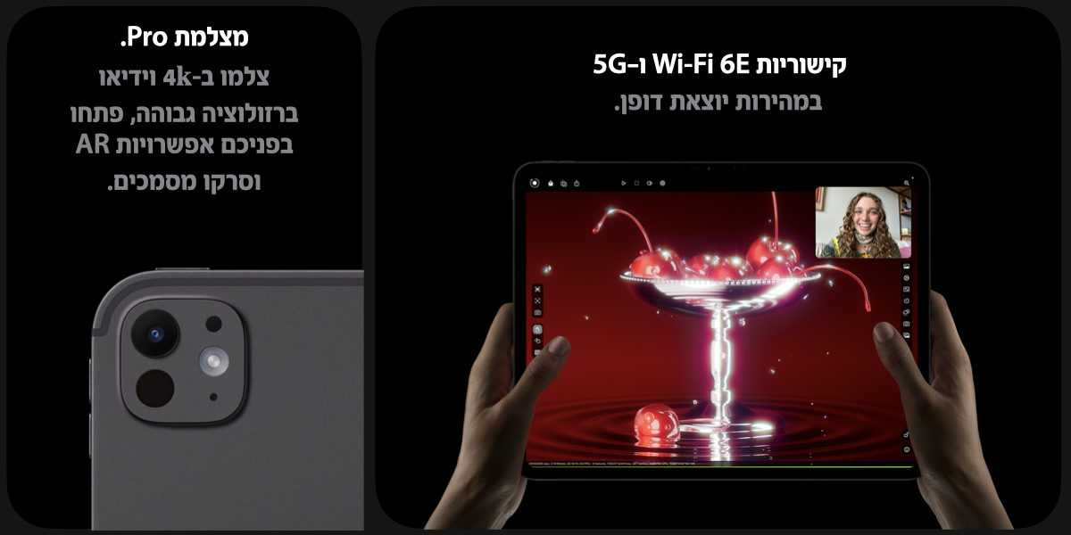 קישוריות Wi-Fi 6E ו5G במהירות יוצאת דופן. מצלמת Pro. צלמו ב-4k וידיאו ברזולוציה גבוהה, פתחו בפניכם אפשרויות AR וסרקו מסמכים. 